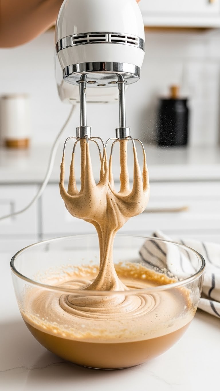 Hand mixer whipping coffee mixture into fluffy brown foam with soft peaks in clear glass bowl