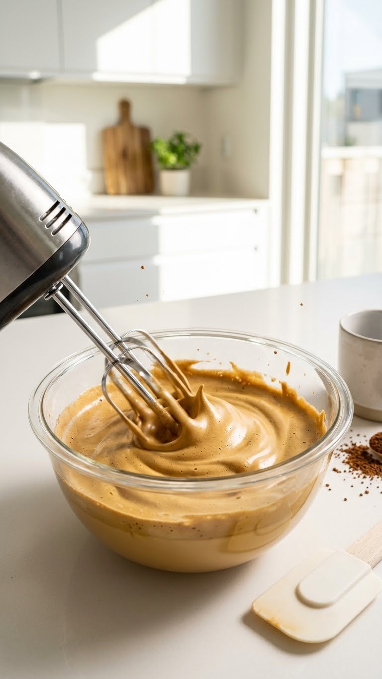 Dalgona Whipped Coffee: Make The Perfect 3-Ingredient Recipe 3 Hand mixer whipping golden-brown Dalgona coffee foam mixture in glass bowl showing fluffy texture and motion.