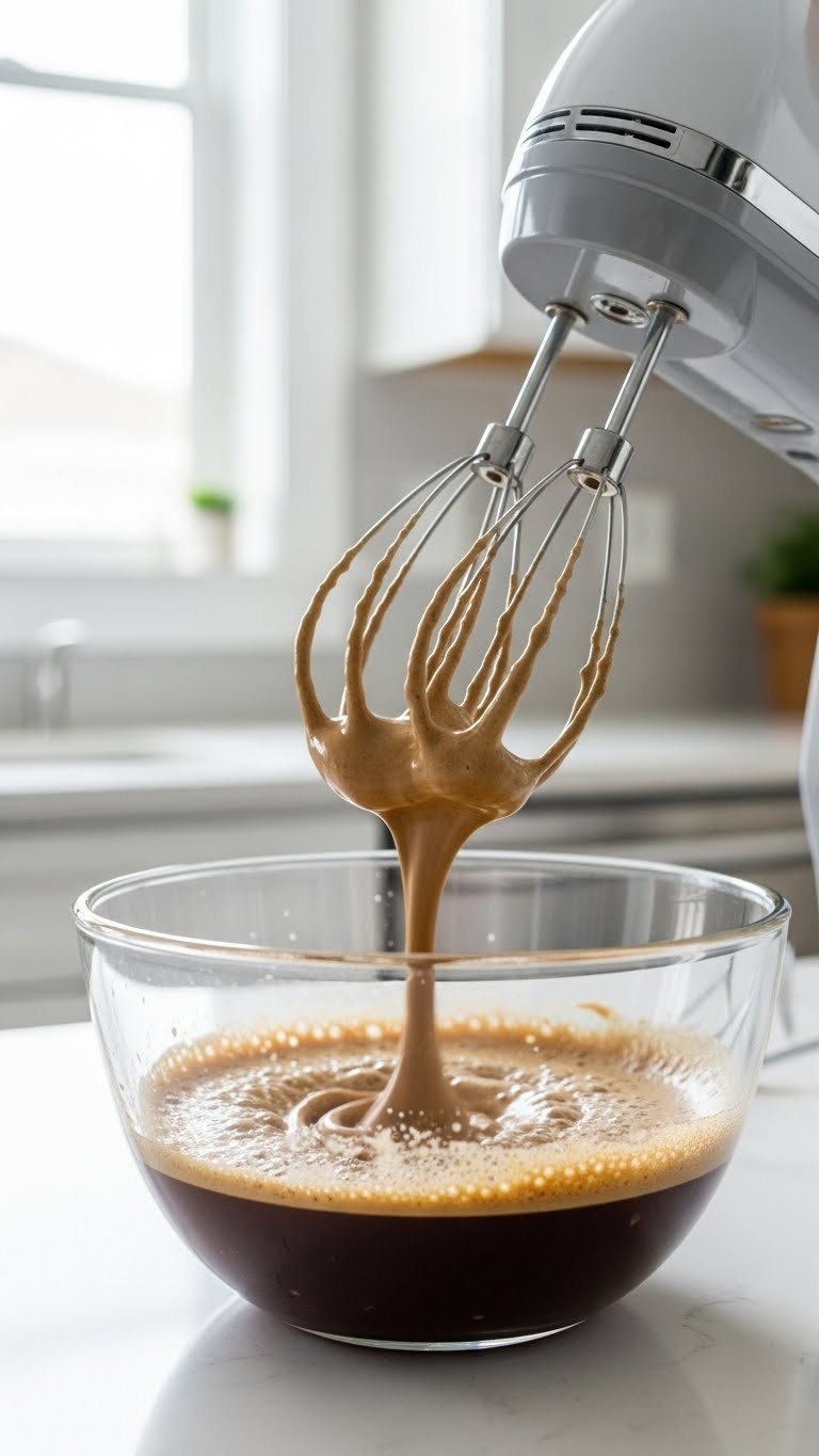 Whipped Coffee TikTok: 7 Steps for Perfect Fluffy Foam 5 Hand mixer whisking coffee mixture in glass bowl with early foam formation and motion blur showing whipping action.