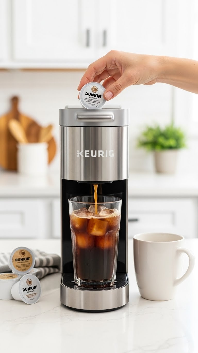 Hand placing K-Cup into Keurig machine with ice-filled glass catching coffee stream on kitchen counter