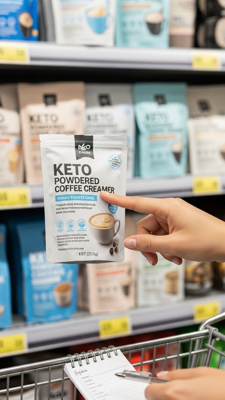 Hand pointing to ingredients label on keto powdered coffee creamer packet in supermarket aisle with blurred products