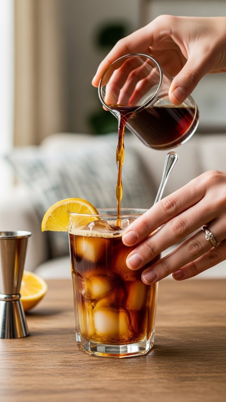 Perfect Iced Coffee Spritz Recipe: Your Essential Guide 7 Hand pouring cold brew concentrate over ice and simple syrup in glass on rustic wooden table