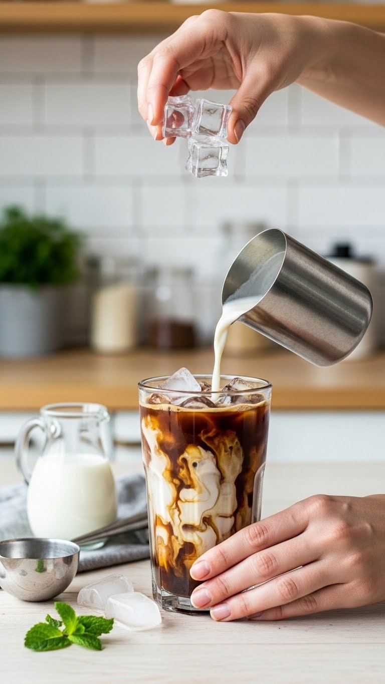 Hand pouring creamy milk over ice cubes into tall glass containing dark coffee chocolate mixture for iced coffee