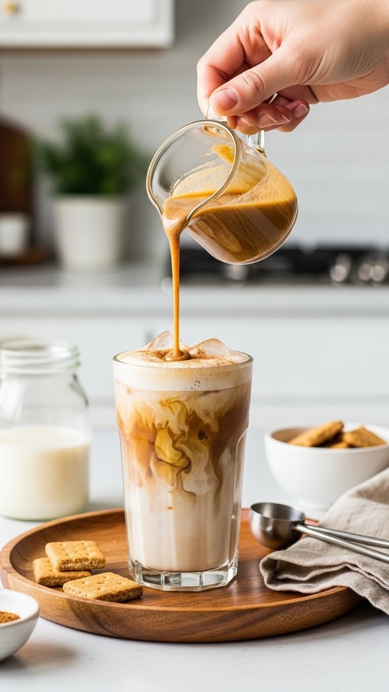Hand pouring golden brown teddy graham syrup into iced latte glass showing swirling coffee and milk