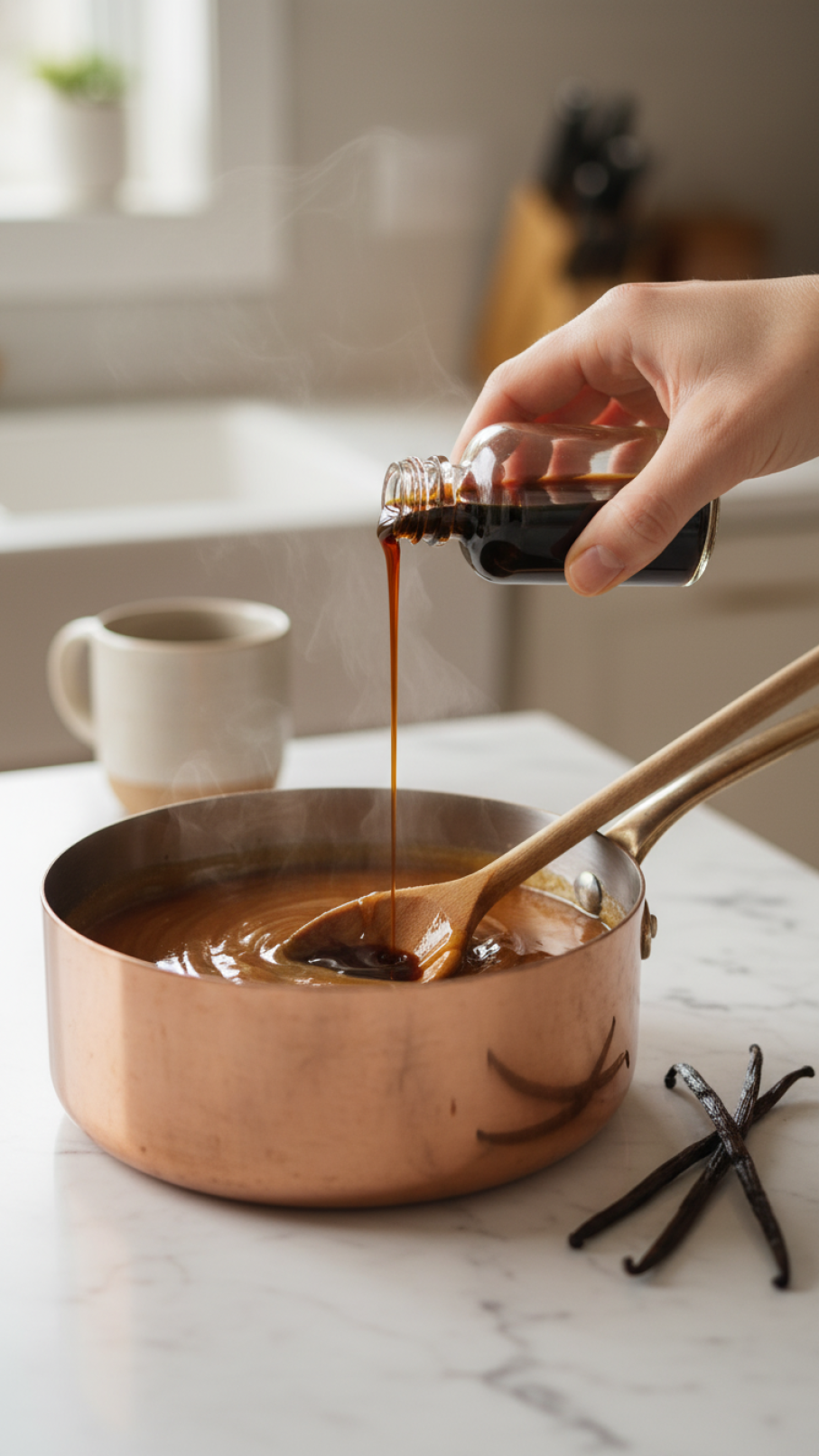 Hand pouring vanilla extract into warm biscoff syrup with wooden spoon creating swirling motion in saucepan on marble countertop