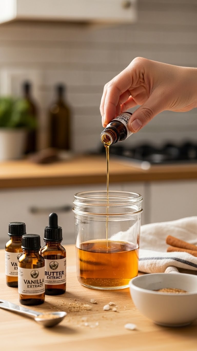 Hand pouring vanilla extract into warm simple syrup with butter and almond bottles visible on wooden kitchen countertop.