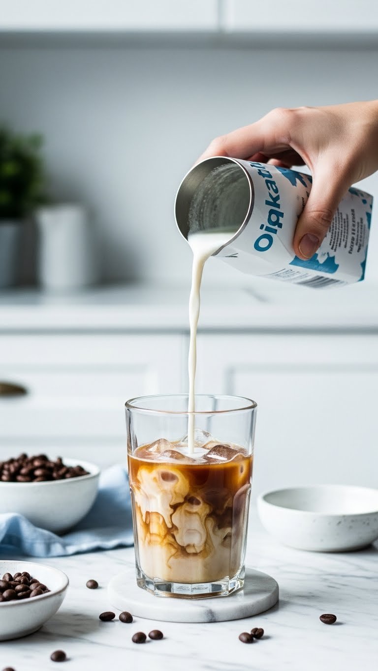 Hand pouring white oat milk from minimalist carton into iced coffee creating marbled effect on marble countertop