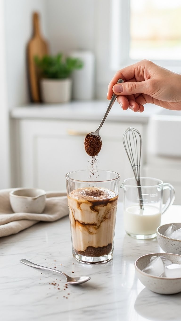 Hand preparing instant coffee frappe with spoonful of coffee powder in glass on marble countertop