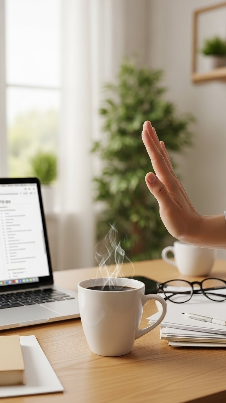 Hand pushing away paperwork with steaming black coffee mug taking priority on modern wooden desk in home office