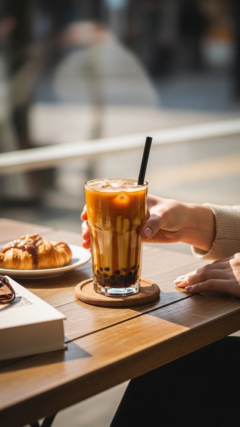 Hand reaching for customized iced coffee glass with boba pearls on rustic outdoor cafe table