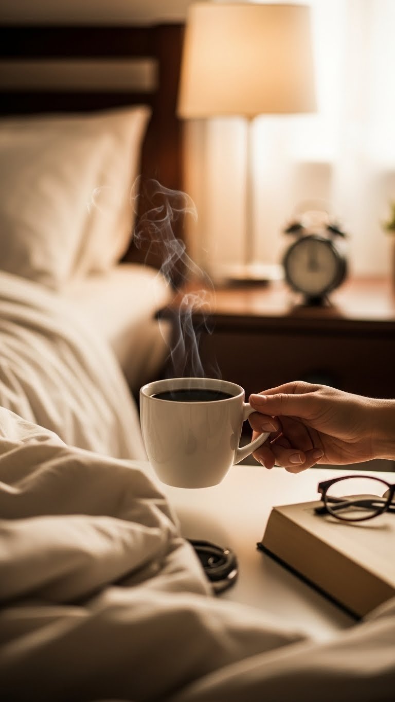 Hand reaching for steaming black coffee mug on bedside table with rumpled blanket and alarm clock background
