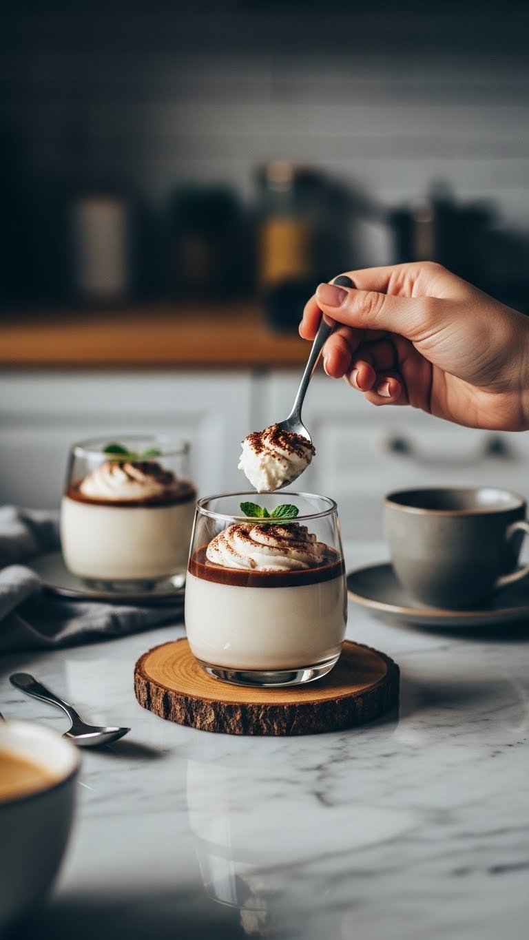 Hand reaching with spoon to garnish keto coffee panna cotta dessert on rustic wooden coaster