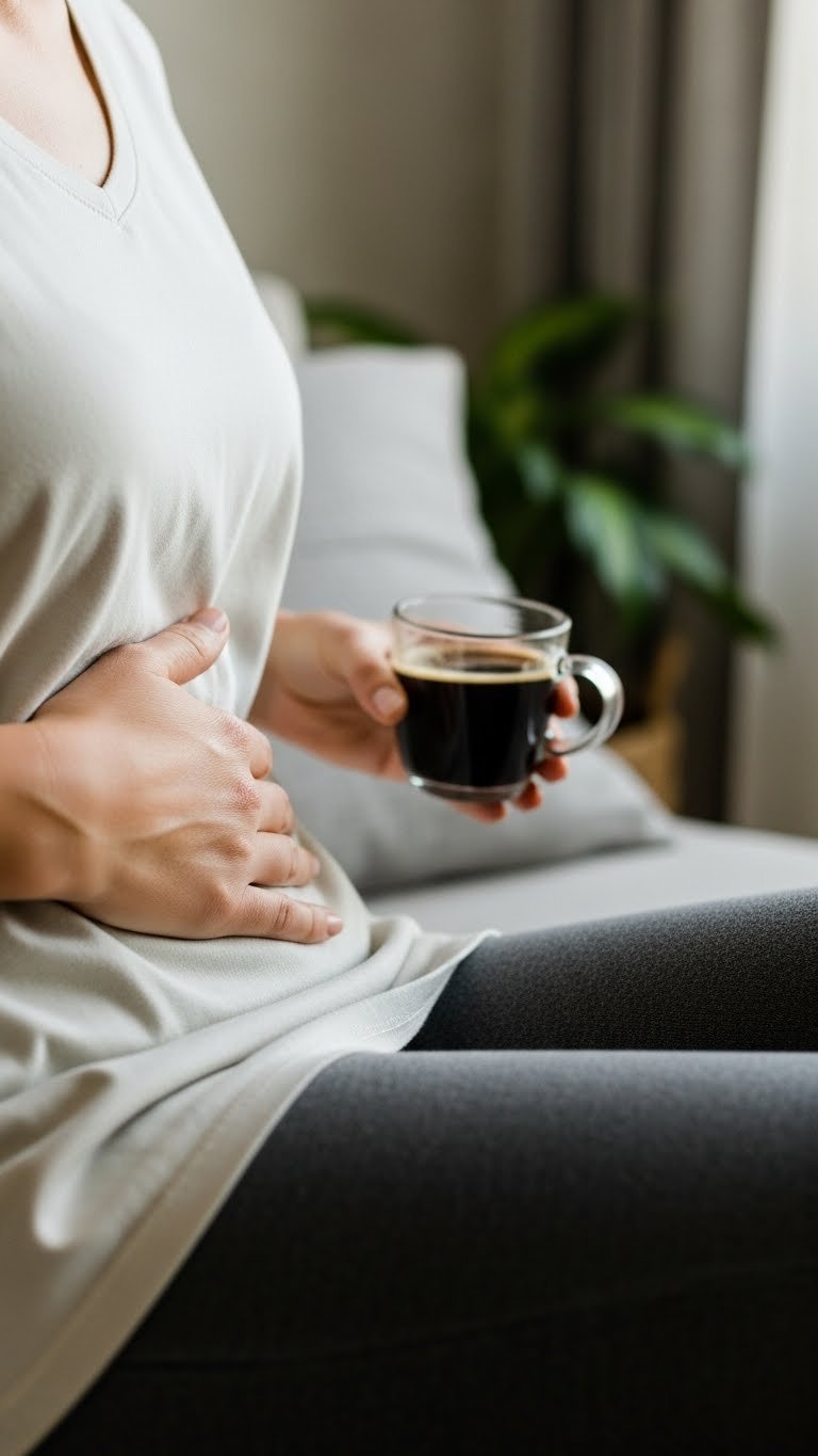 Hand resting on stomach with black coffee in background conveying gut health and wellness