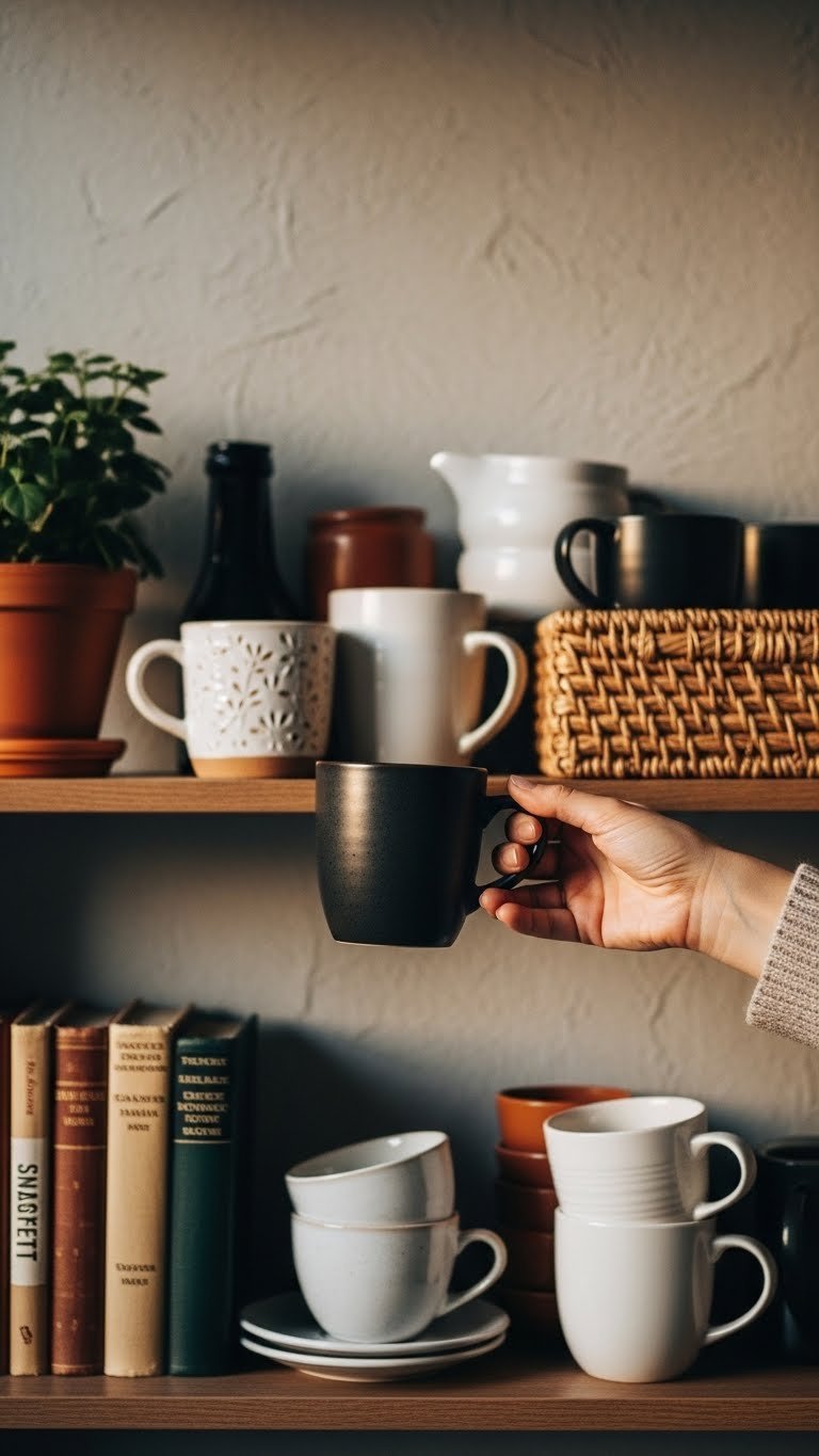 Hand selecting dark ceramic coffee mug from curated shelf display with plants and vintage books in warm lighting