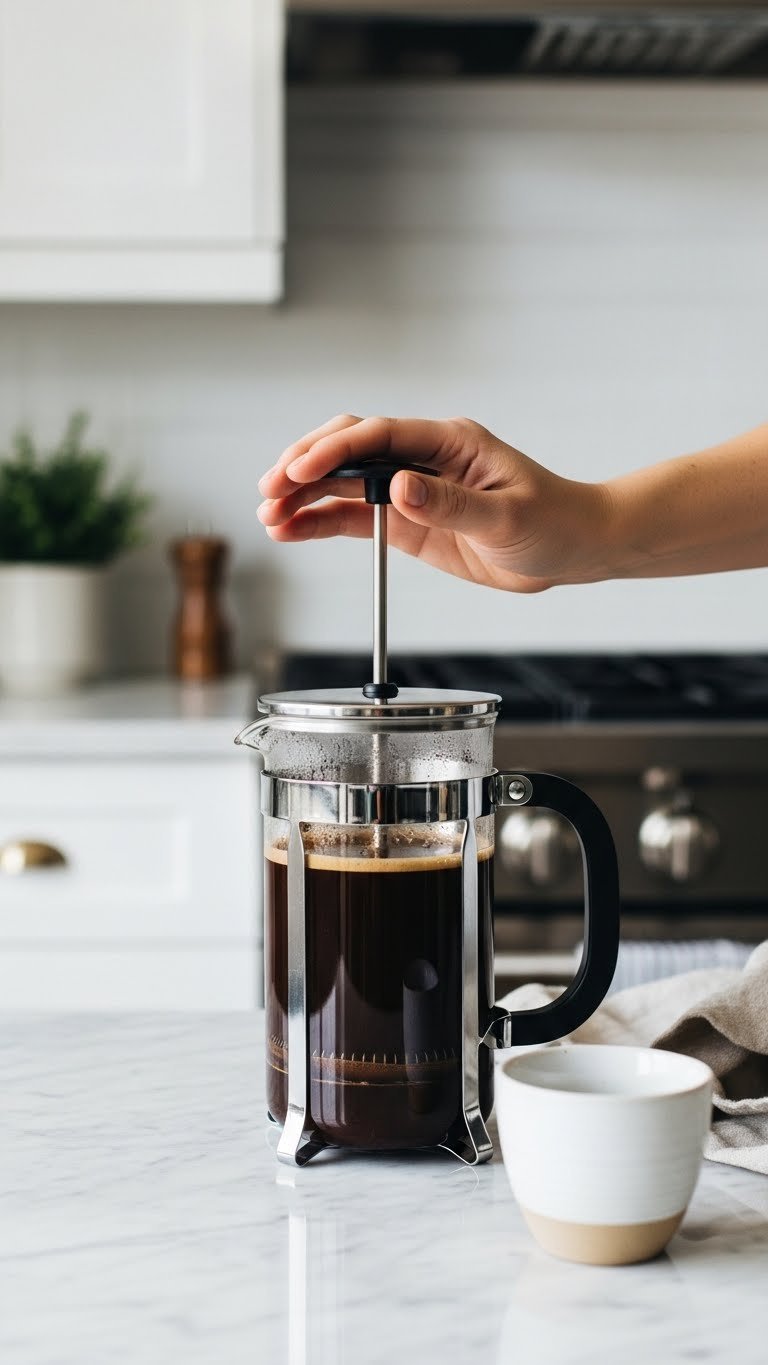 Hand slowly pressing plunger of French press separating dark coffee from grounds at the bottom