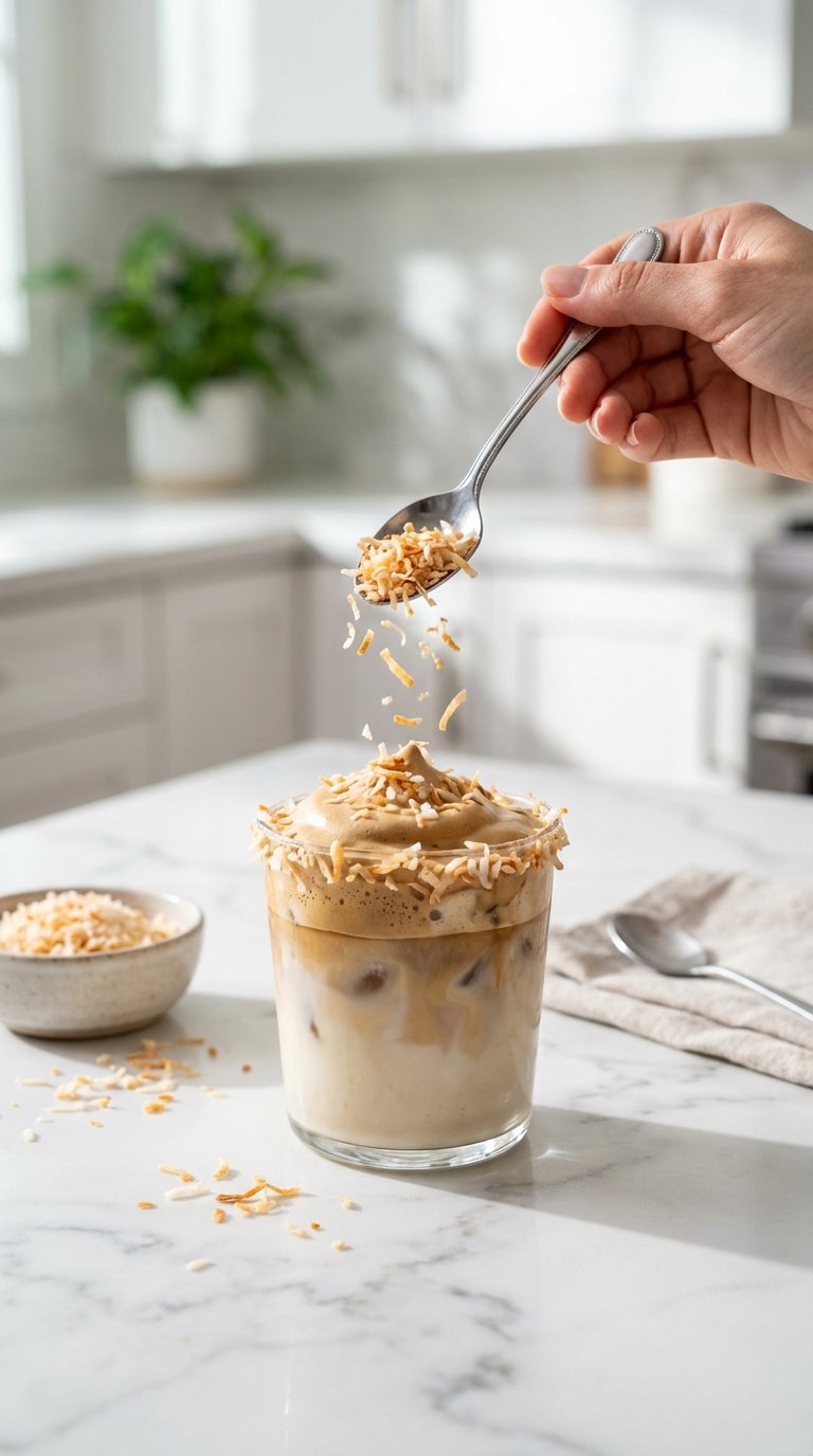 Iced Coconut Whipped Coffee: Ultimate Easy Vegan Recipe 9 Hand sprinkling toasted shredded coconut garnish over fluffy coffee whip of iced coconut whipped coffee