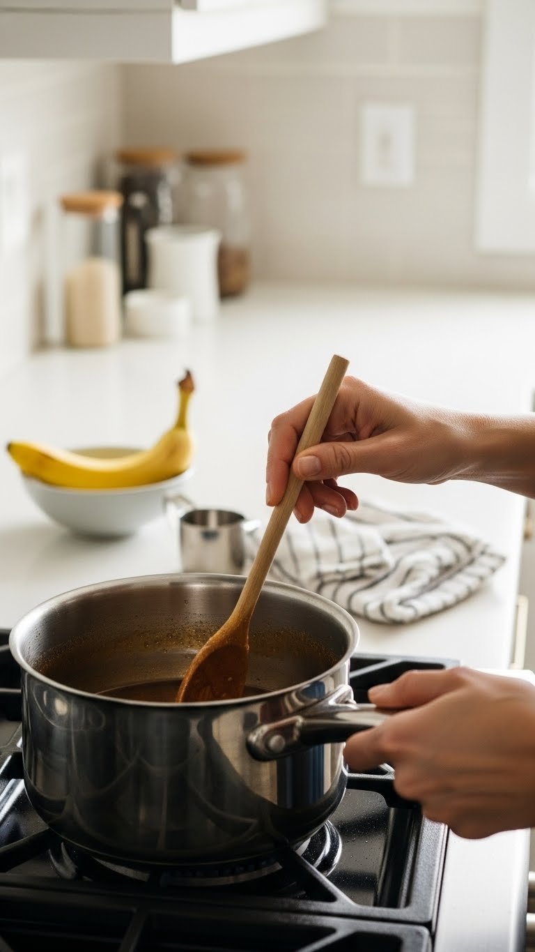 Hand stirring banana coffee syrup in stainless steel pot with wooden spoon and ripe bananas in background