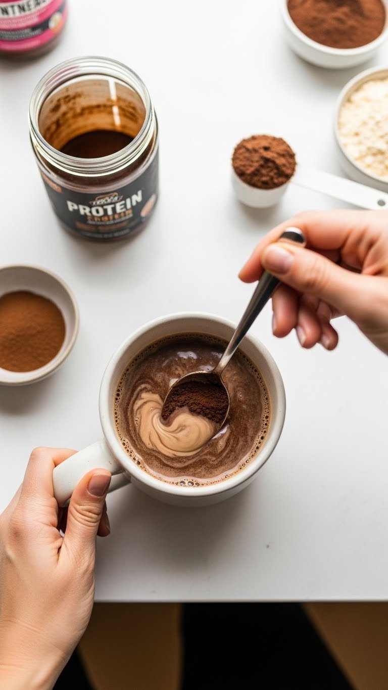 Hand stirring instant chocolate protein coffee in a mug with a spoon, showing dissolved powder and a scoop on counter.