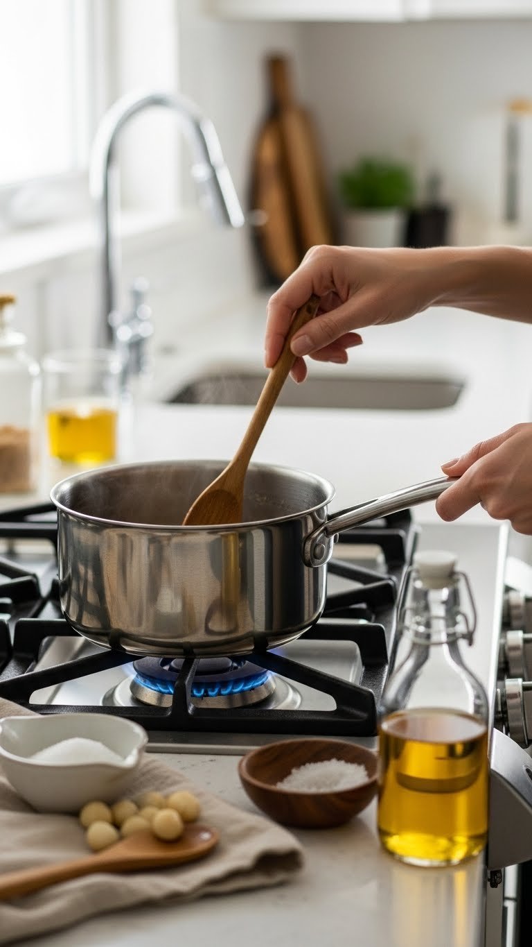 Hand stirring slightly cloudy macadamia nut syrup in saucepan showing sugar crystal formation on ceramic stovetop.