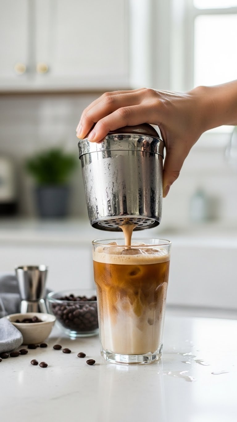 Hand vigorously shaking cocktail shaker filled with iced coffee creating frothy texture on clean white kitchen counter.