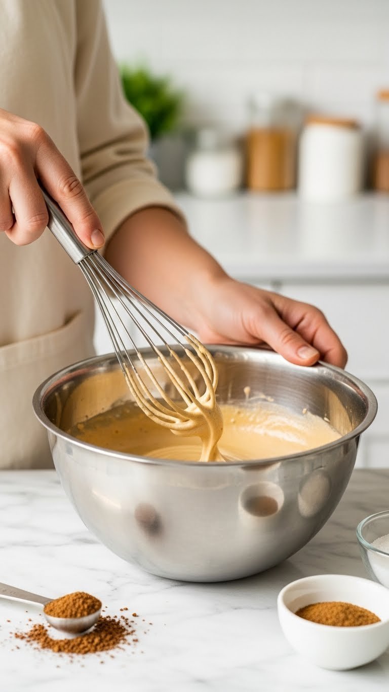 Hand whisking golden-brown whipped coffee foam in stainless steel bowl with soft peaks forming on marble countertop