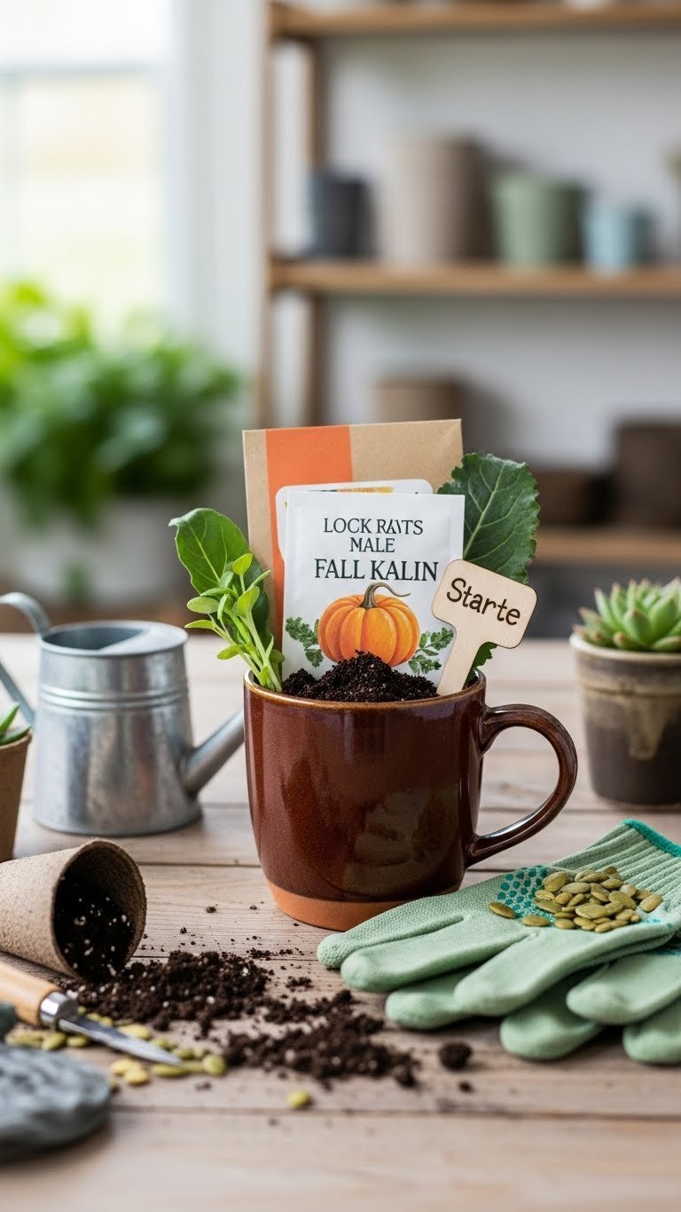 Handmade pottery gardening mug containing heirloom seeds, mini gloves, and seedling starter kit on rustic wooden table.