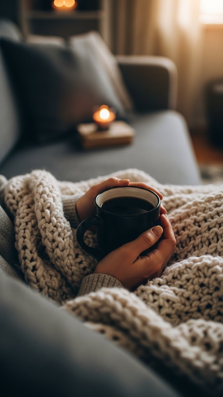 Hands holding a black coffee mug wrapped in a chunky cream blanket on a gray sofa