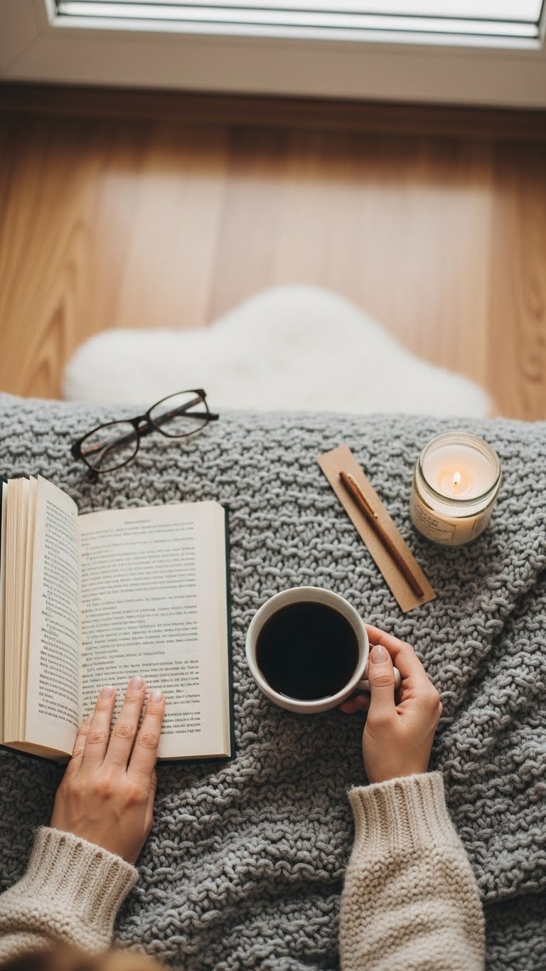 Hands holding open book with white porcelain coffee cup on chunky knit blanket in cozy reading scene