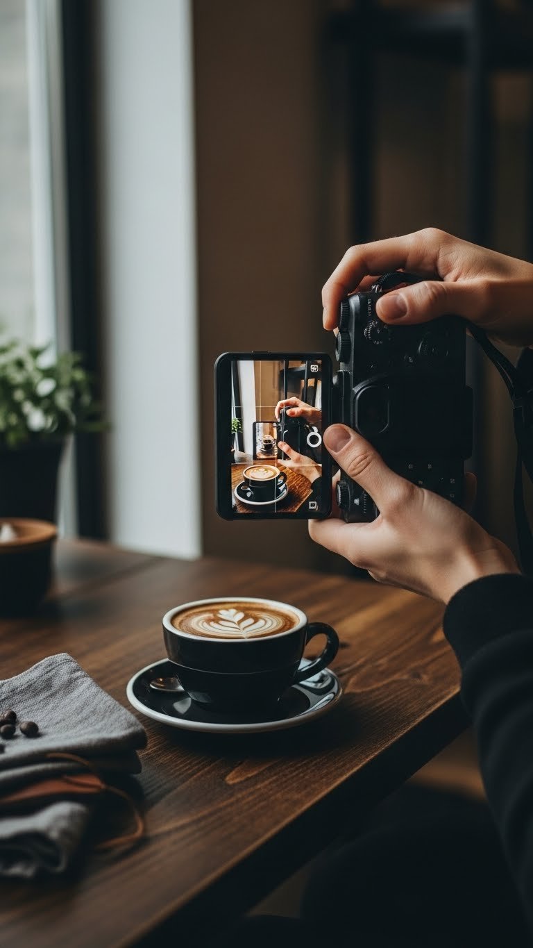 Hands holding professional camera framing minimalist black coffee cup on dark wooden table in soft natural window light