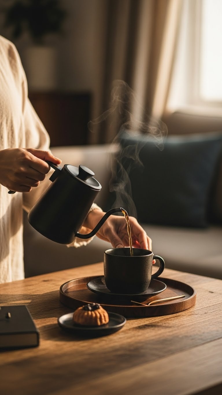 Hands pouring rich black coffee from sleek kettle into minimalist ceramic mug on wooden tray
