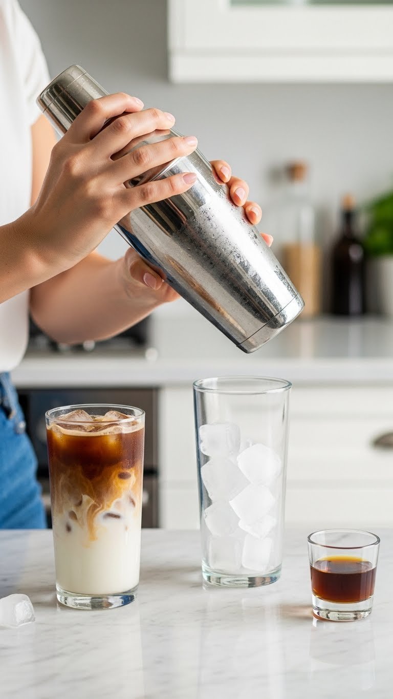 Hands shaking silver cocktail shaker filled with coffee and ice on marble countertop with condensation
