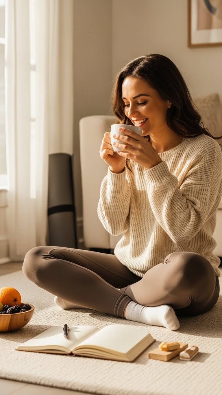 Black Coffee vs Milk Coffee: Your Definitive Health Guide 13 Happy person sips coffee in a serene, health-focused setting with a wellness journal, emphasizing well-being.