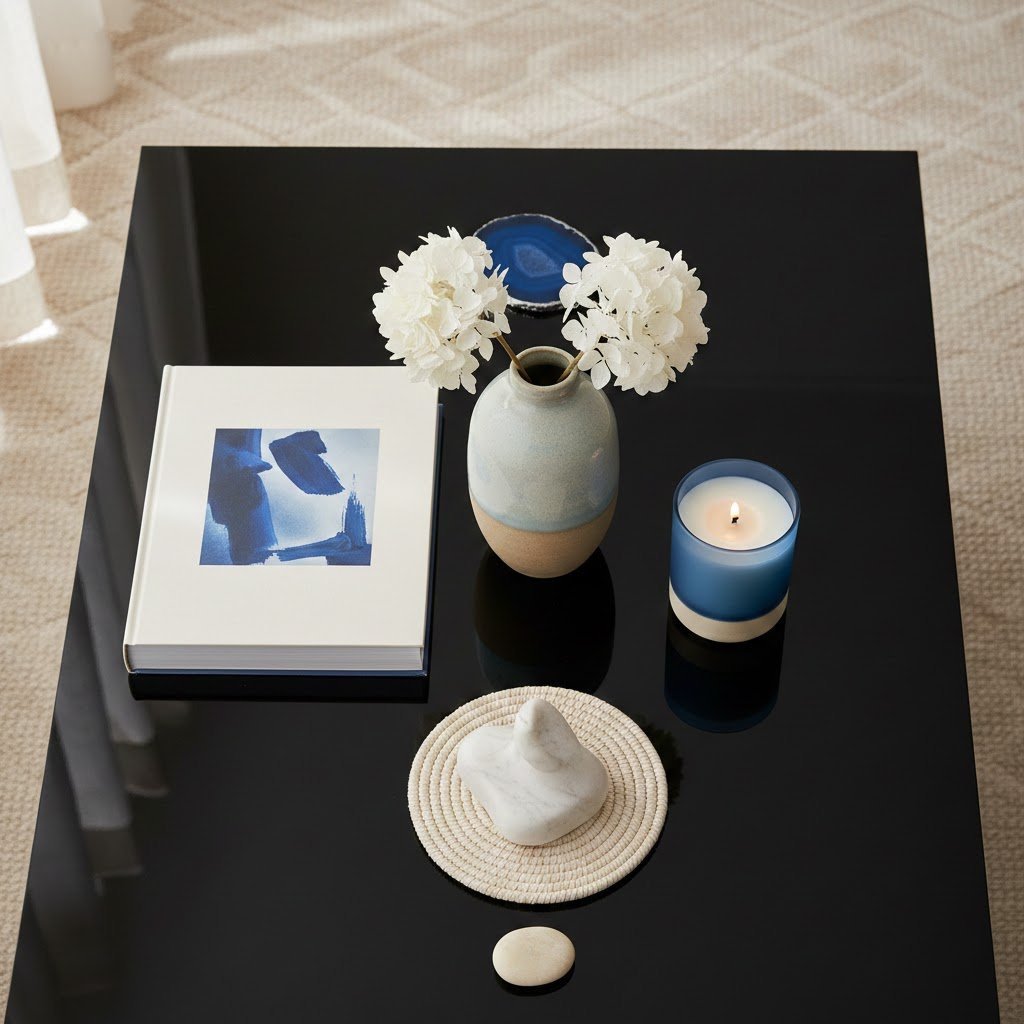 Harmonious color-coordinated coffee table decor items beautifully contrasted against sleek black surface