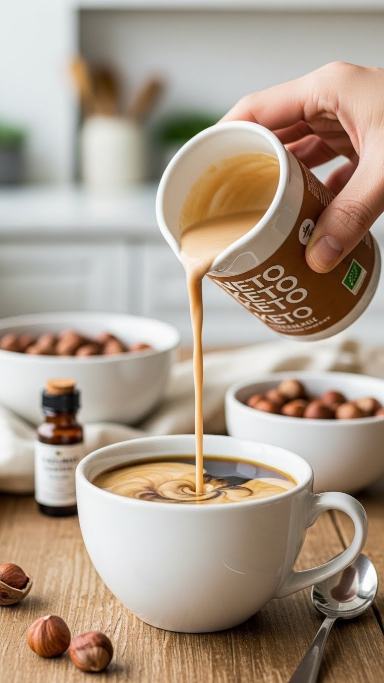 Hazelnut keto creamer being poured into white ceramic mug creating gentle swirl with whole hazelnuts on wooden table
