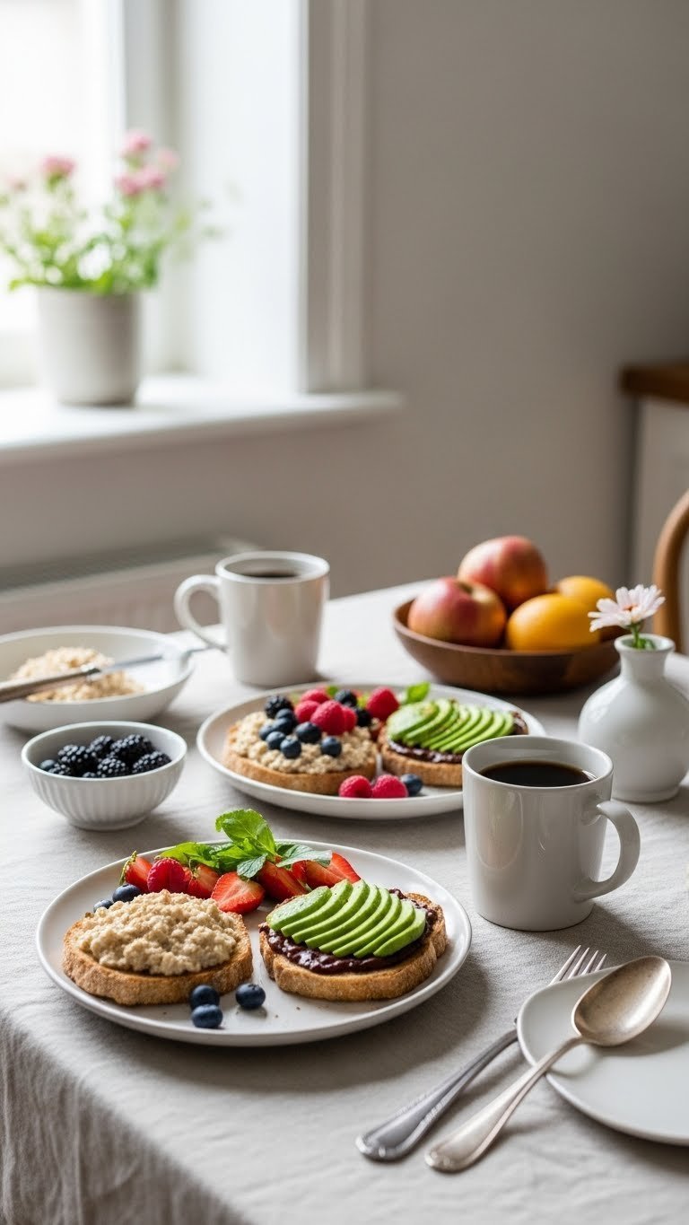 Healthy breakfast spread with oatmeal berries avocado toast alongside steaming black coffee on linen tablecloth