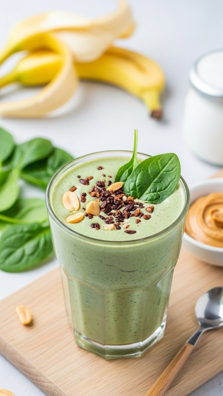 7 Arbonne Protein Coffee Recipes That Actually Taste Good 5 Healthy coffee protein shake with greens in a glass on a wooden cutting board