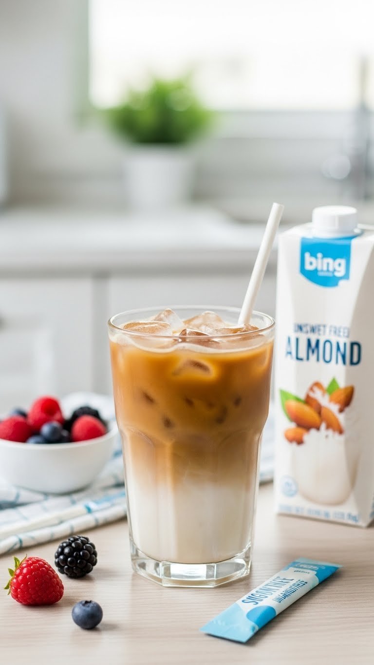 Healthy iced coffee with unsweetened almond milk and sugar-free syrup in minimalist presentation on light wooden surface.