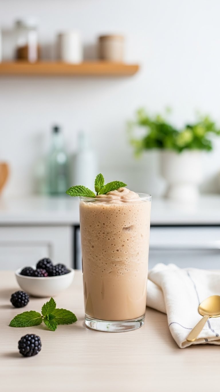 Healthy low-sugar iced coffee in clear glass with light brown consistency on wooden counter with berries and mint.