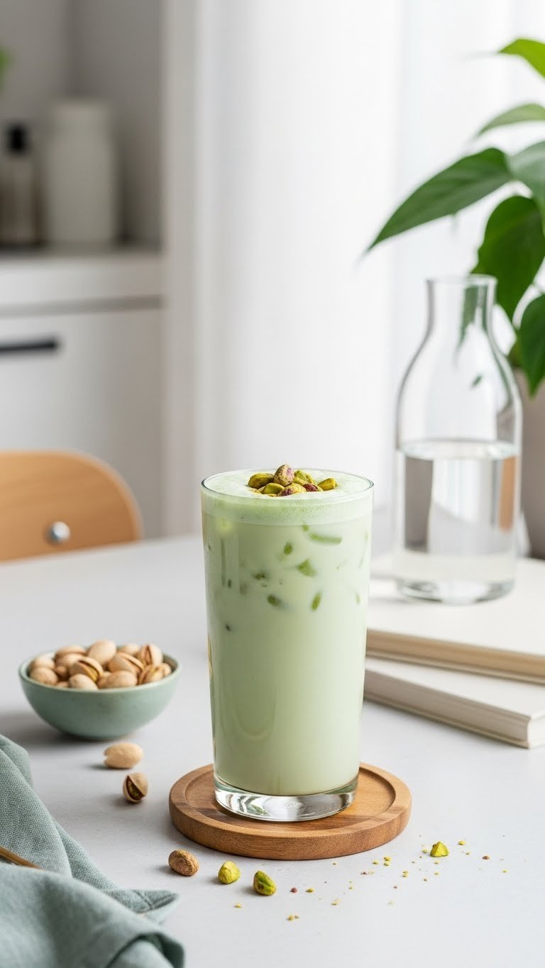 Healthy low-sugar pistachio iced coffee with whole nuts in slender glass on natural wood coaster