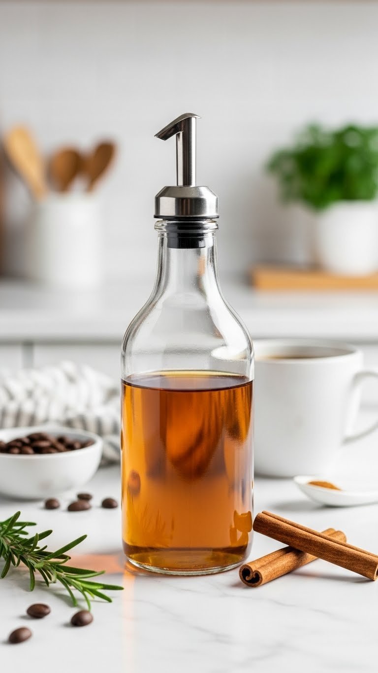 Healthy sugar-free cinnamon syrup in minimalist glass dispenser with cinnamon sticks on white marble.