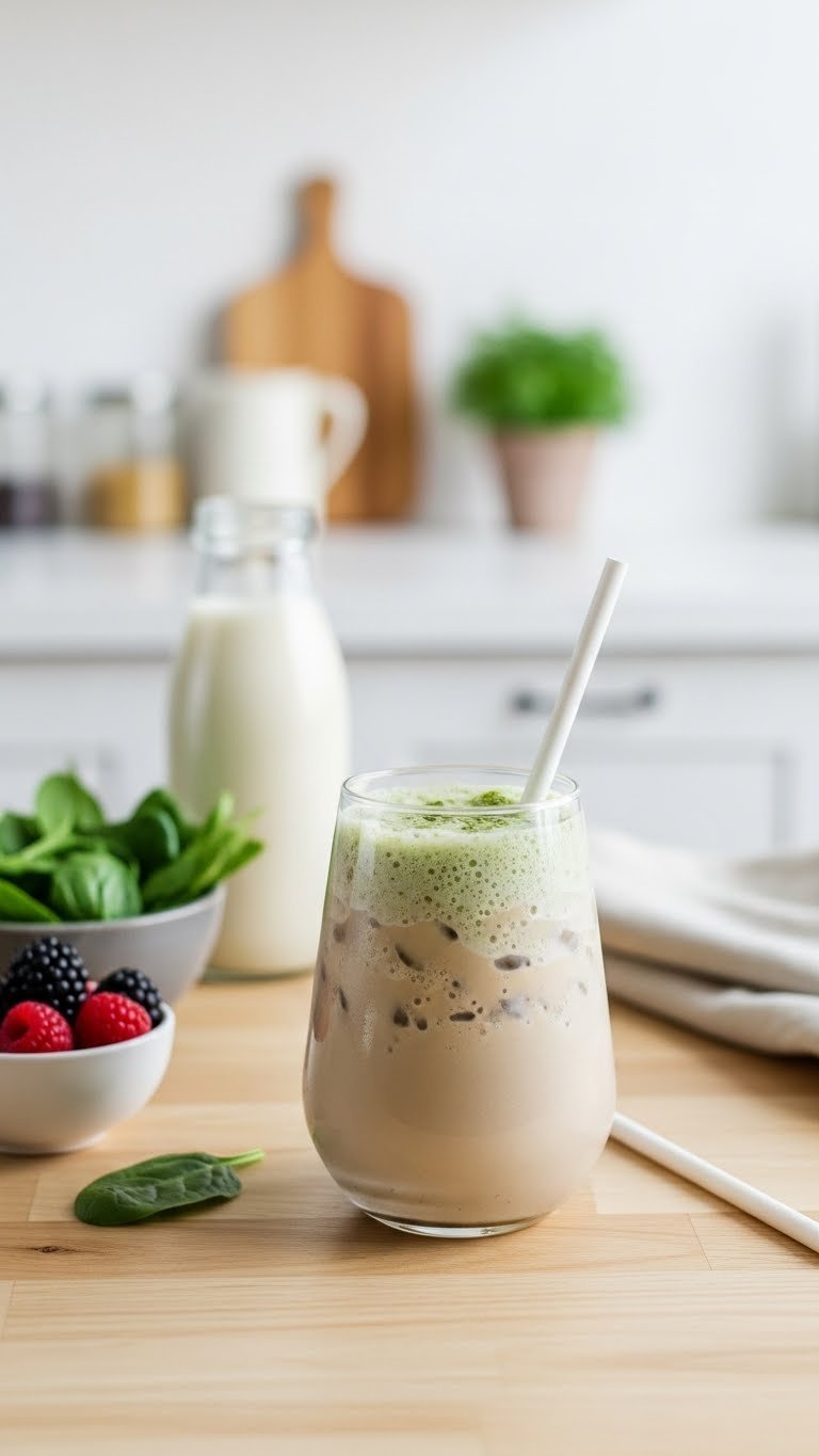 Healthy vibrant iced coffee frappe with fresh ingredients in modern glass on light wooden table