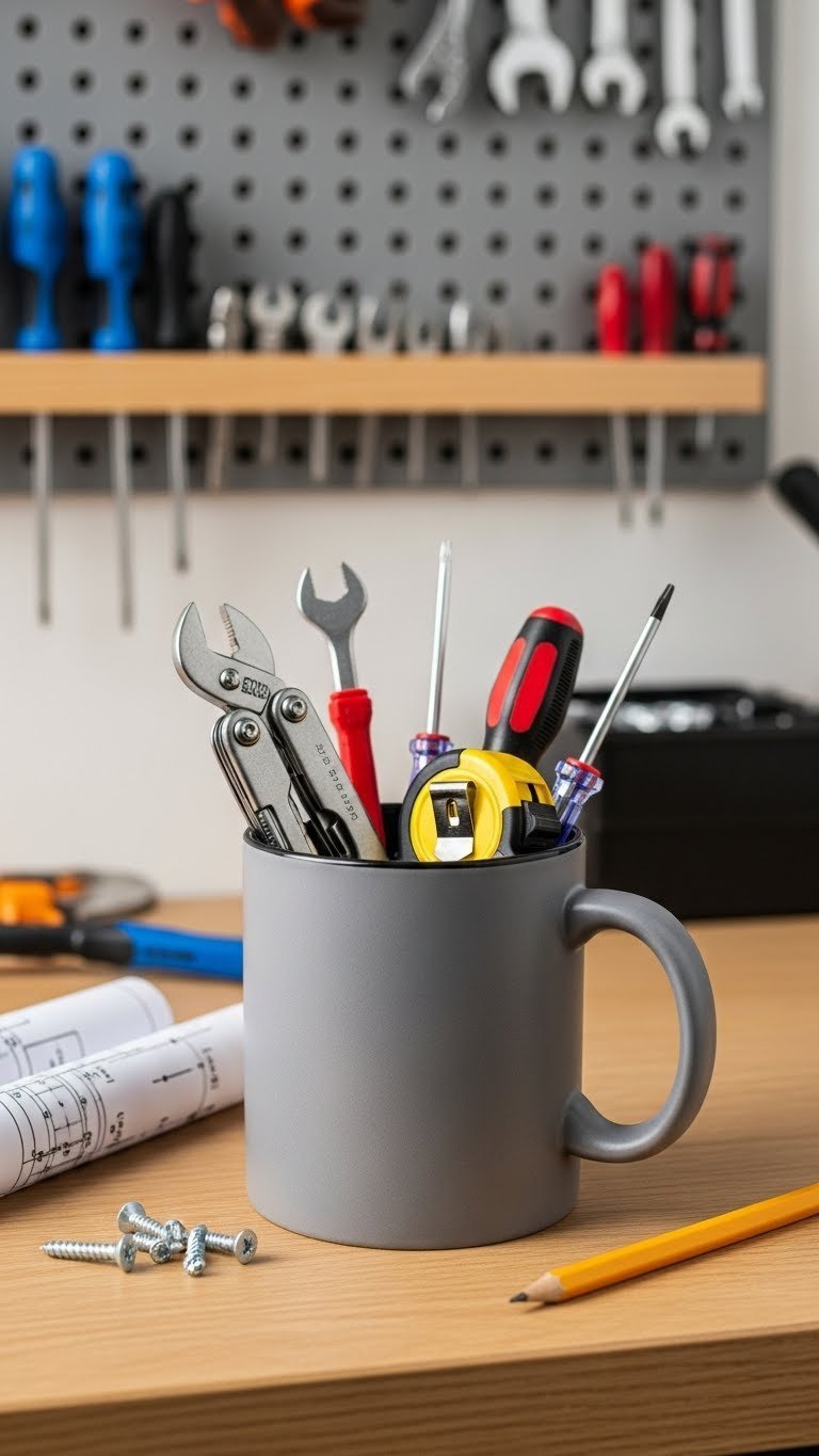 Heavy-duty coffee mug filled with multi-tool, tape measure, and screwdrivers on organized workbench with pegboard background.