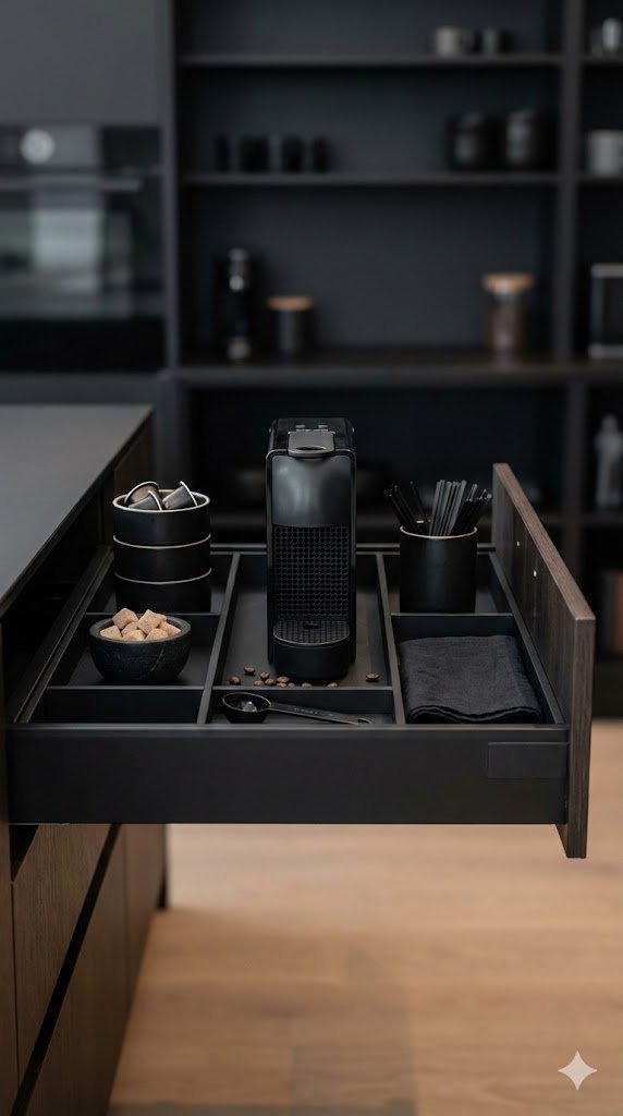 Hidden black coffee corner in pull-out pantry drawer with single-serve machine, organized containers, and dividers