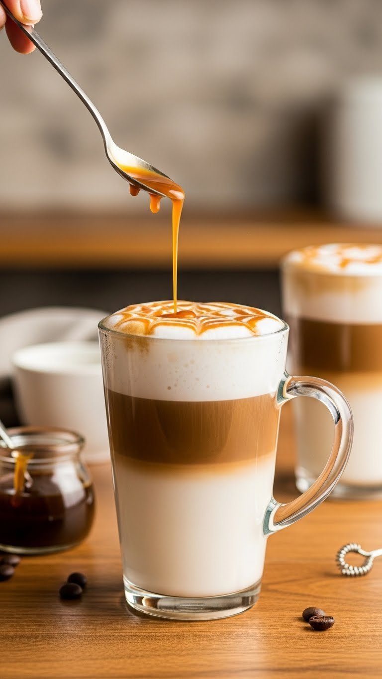 High-protein caramel macchiato in a clear glass, layered with frothed milk and a generous caramel drizzle.