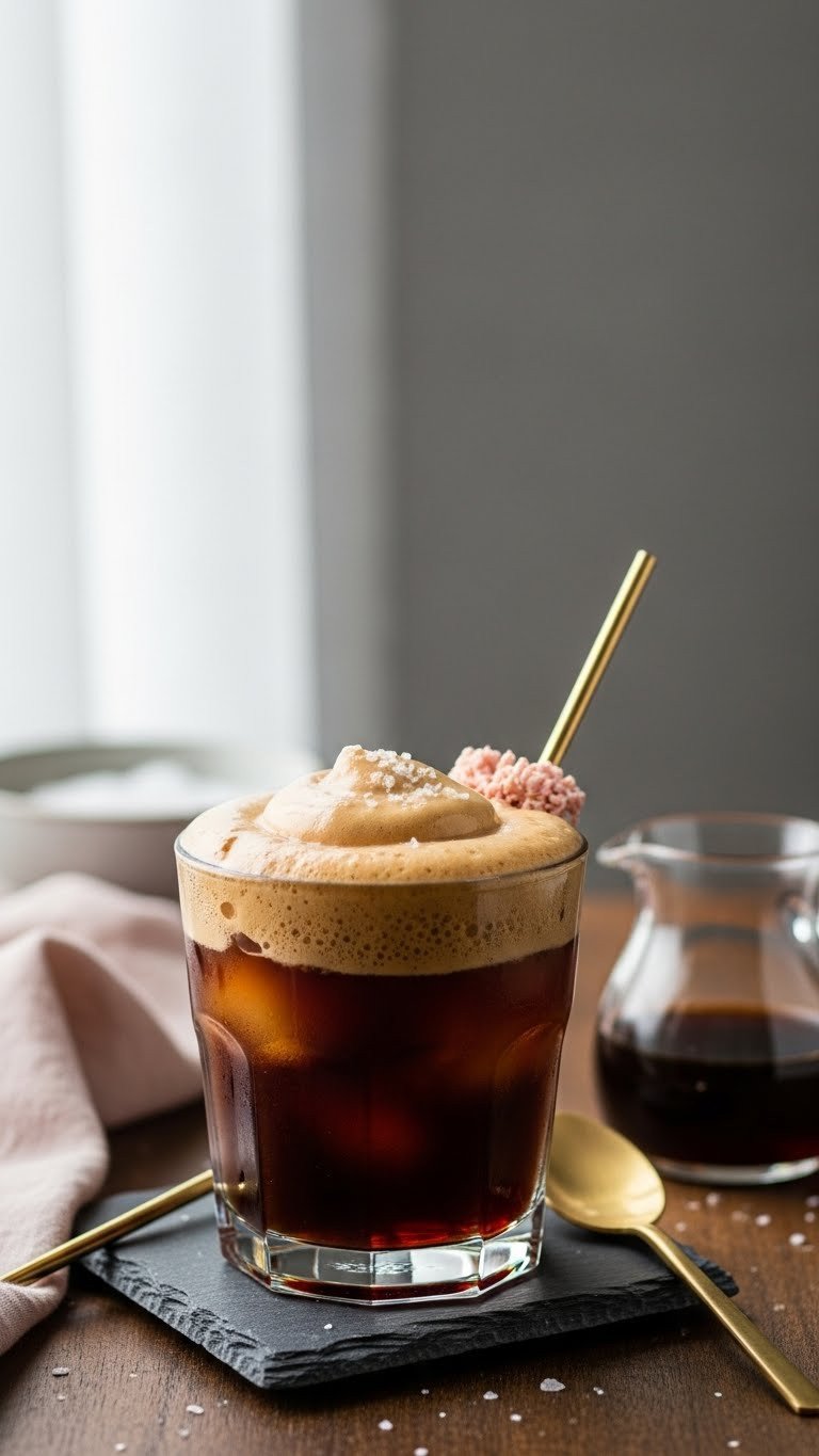 High-protein salted caramel cold foam cold brew on a dark wood table