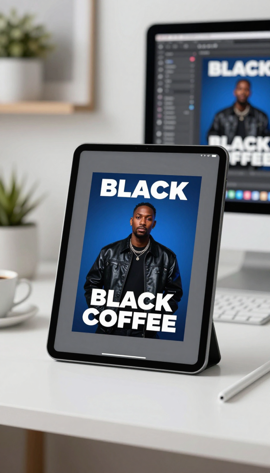 Black Coffee Art: The Definitive Guide to Collecting Posters 12 High-resolution digital Black Coffee poster displayed on sleek tablet screen in contemporary creative workspace