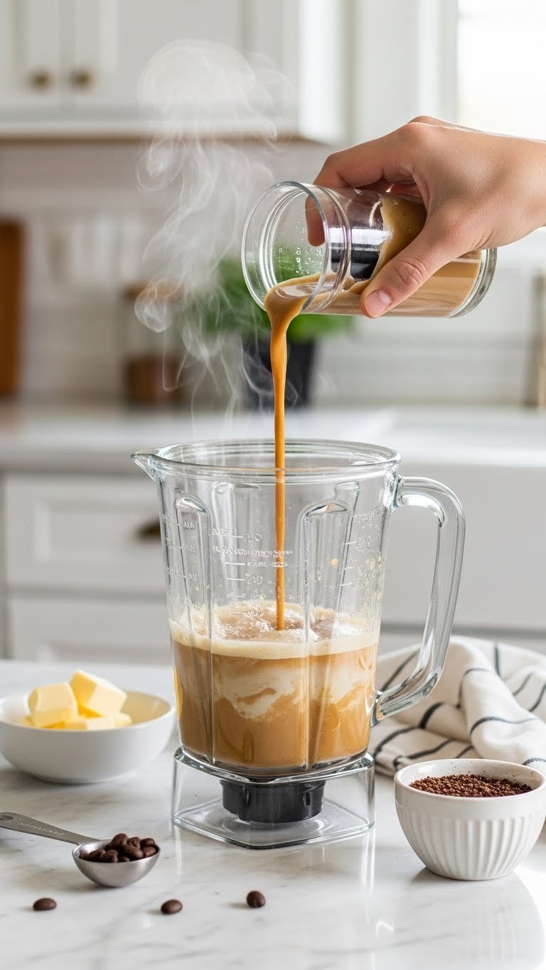 High-speed blender emulsifying keto bulletproof coffee mixture with visible steam on marble countertop