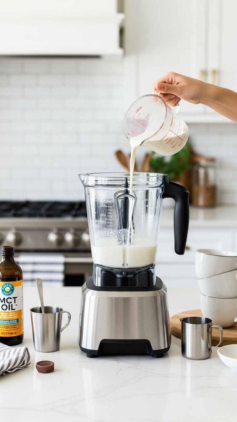 High-speed blender mixing keto coffee creamer with hand pouring heavy cream from measuring cup