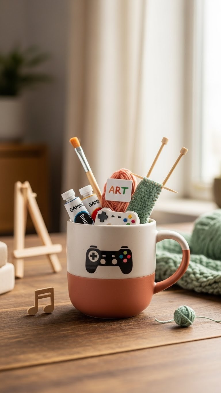 Hobby-specific ceramic mug filled with themed items like mini paint tubes, knitting yarn, or gaming accessories on rustic wooden table
