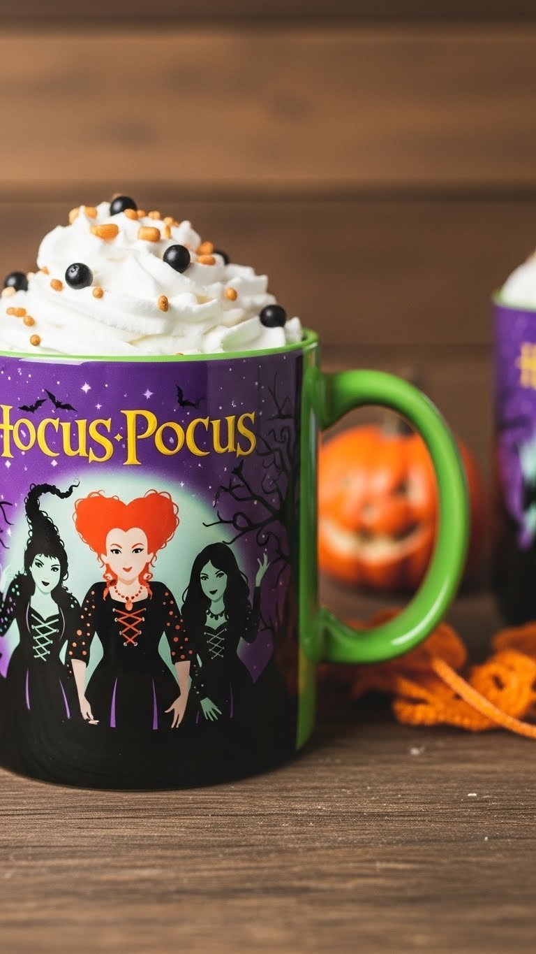 Hocus Pocus fan Halloween coffee mug with Sanderson Sisters silhouette filled with magical themed treats
